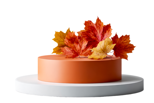 Autumn cake with colorful maple leaves on display