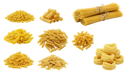 Assorted Raw Pasta Collection ariety of uncooked Italian pasta shapes including macaroni, rigatoni, spaghetti, penne, ziti, fusilli, farfalle, and tagliatelle nests isolated on transparent background
