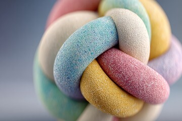 A close-up of a pastel-colored knotted object with a textured surface