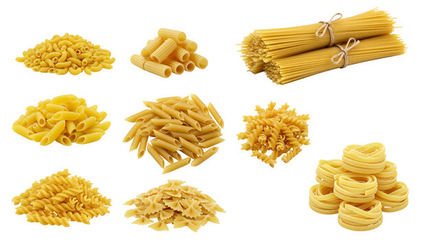 Assorted Raw Pasta Collection ariety of uncooked Italian pasta shapes including macaroni, rigatoni, spaghetti, penne, ziti, fusilli, farfalle, and tagliatelle nests isolated on transparent background