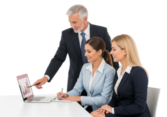 Business Meeting – Team Collaboration and Data Analysis on White Background