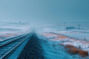 Train tracks vanishing into a misty, snow-covered landscape