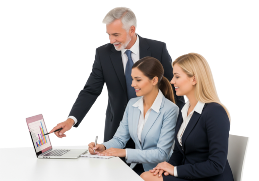 Business Meeting – Team Collaboration and Data Analysis on White Background