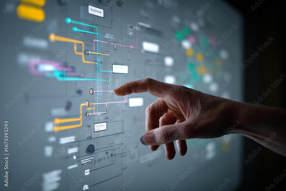 Poster hand interacting with a digital flowchart showing data connections and processes