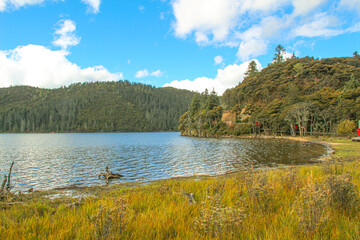 Colorful hills and blue lakes create a serene panorama
Pudacuo National Park, Yunnan, China,...