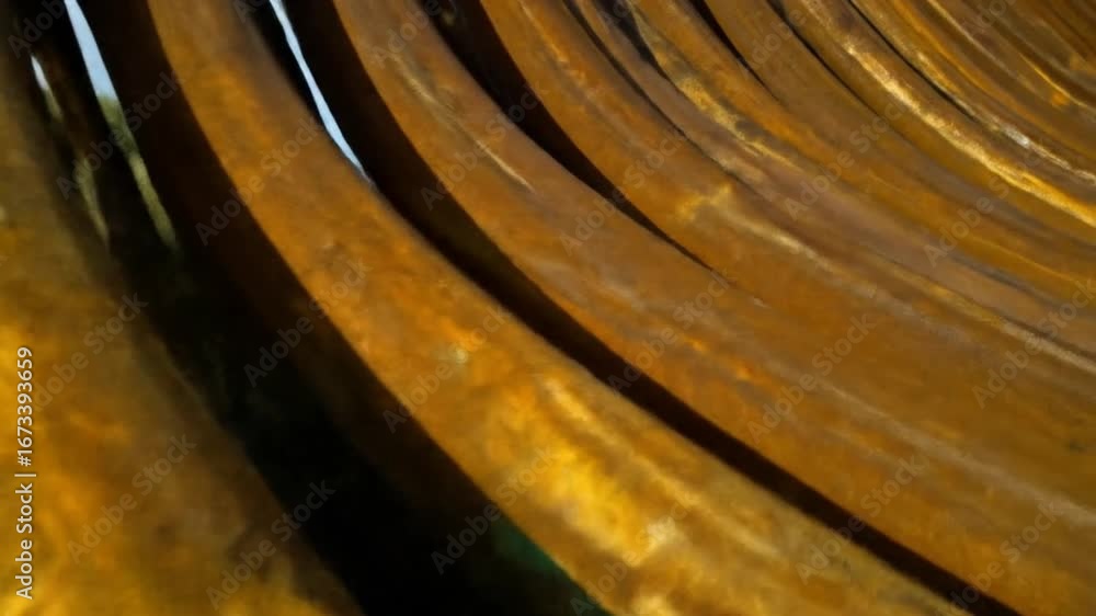 Poster abstract curved rusty metal structure in daylight with intricate patterns weathered texture and bron