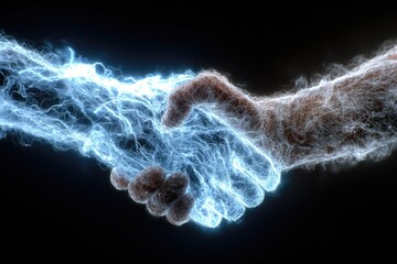 Two hands intertwining, energy flowing between them, dark background