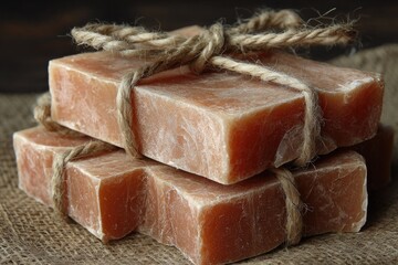 Two rustic, rectangular soaps tied with twine, resting on burlap