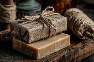 Rustic handmade soap bars, one wrapped in burlap, sit on aged wood