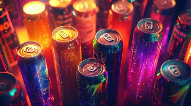 Colorful energy drink cans illuminated with vibrant neon lighting in dark setting