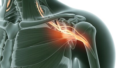 Medical Illustration of Shoulder Pain - Anatomical Render with Highlighted Inflammation.