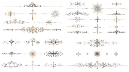 Elegant decorative cross dividers set in gold and silver design. Vintage ornamental borders with Christian cross symbols for cards, invitations, and decoration.