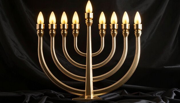 Silver menorah with nine glowing bulbs on dark draped background, modern Hanukkah symbolism.