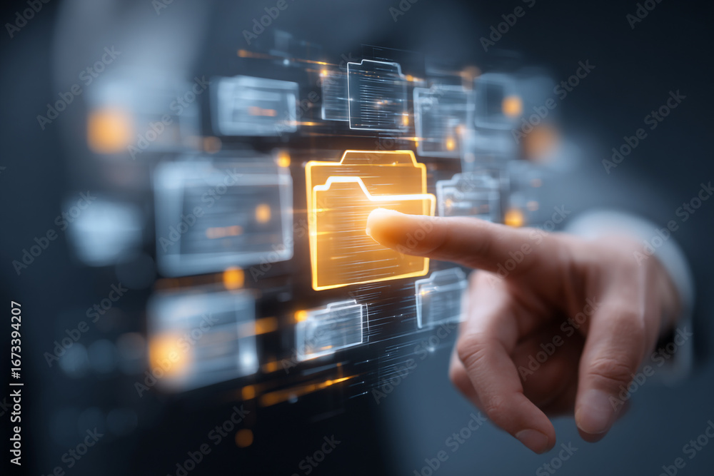 Poster hand interacting with digital folder interface showcasing data management and technology