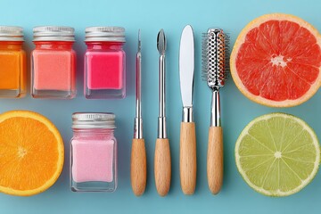 Flatlay of citrus fruits, nail polish, and manicure tools