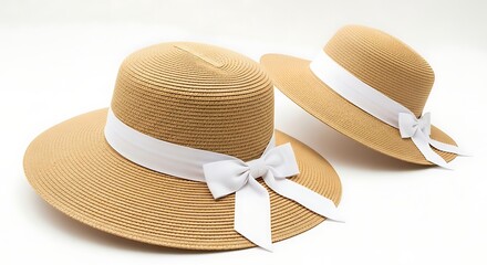 Two stylish straw hats with wide brims and white ribbons, one adorned with a large bow.