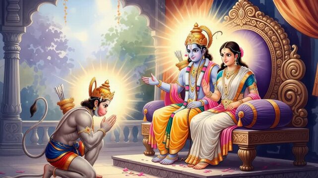 Devotee Hanuman Paying Respects to Lord Rama and Sita Vibrant Digital Painting of Hindu Mythology, Ideal for Religious, Cultural, and Spiritual Projects