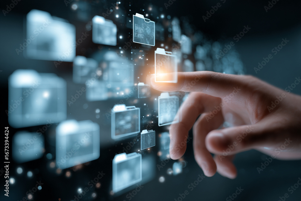 Poster fingertip interacts with digital files displayed as glowing folders a futuristic data management con