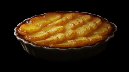 Golden potato gratin in a dark dish, isolated on black background.