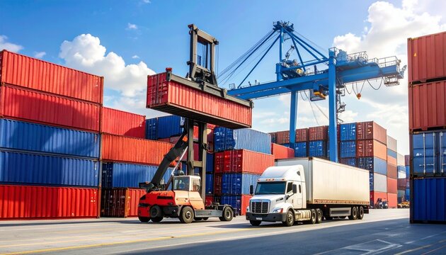 Busy container yard with stacked cargo, forklift, truck, and gantry cranes under cloudy sky.