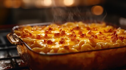 Steaming baked macaroni and cheese with crispy toppings in glass dish