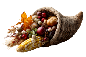 Cornucopia filled with autumn harvest elements