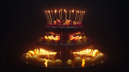 Three-tiered chocolate cake with berries, lemons, and candles in dark setting