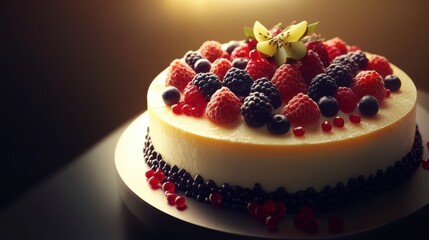 Elegant cheesecake adorned with fresh berries and a kiwi slice under warm, inviting light