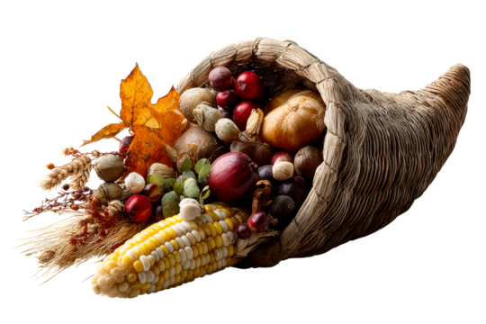 Cornucopia filled with autumn harvest elements