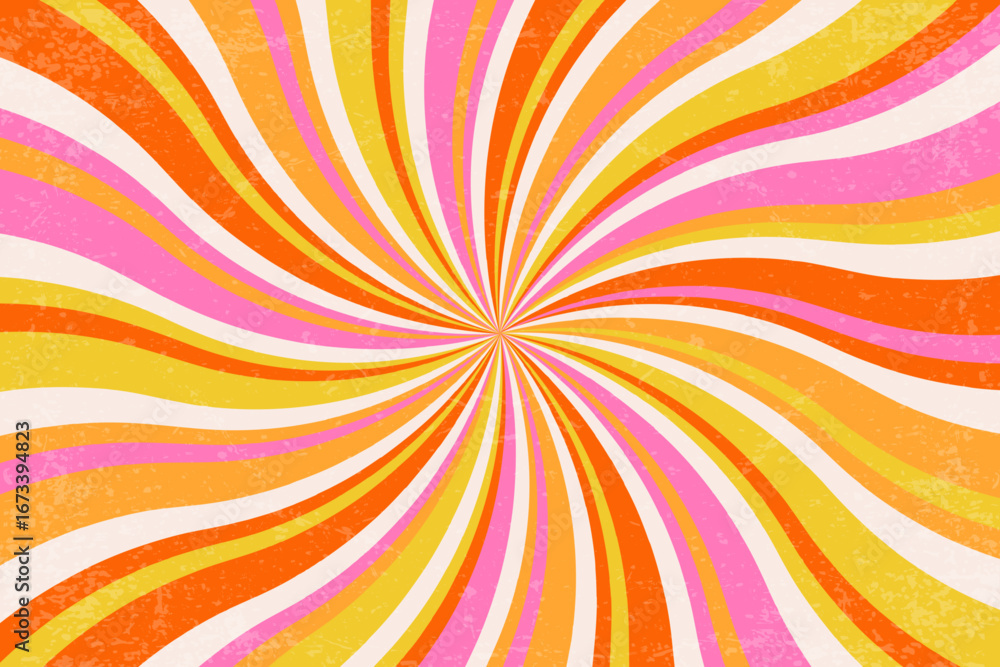 Poster retro groovy background with pattern of spiral rays. sunburst psychedelic wavy illustration for summ