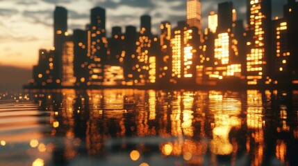 Golden hour cityscape reflected in water