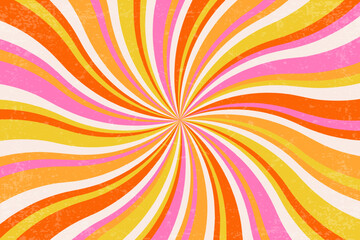 Retro groovy background with pattern of spiral rays. Sunburst psychedelic wavy illustration for summer poster. Swirl radial 70s abstract vector graphic with grunge texture