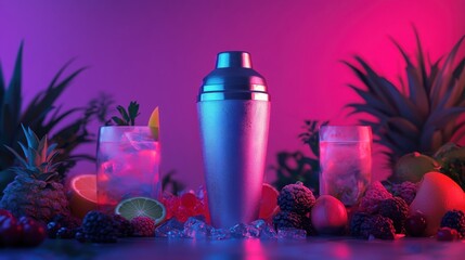 Vibrant cocktail still life with neon lighting and fresh fruit