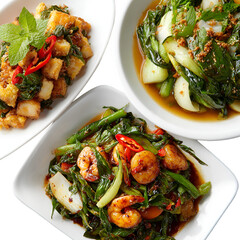 Delicious shrimp stir-fry and vegetable dishes asian cuisine food photography bright kitchen close-up culinary art