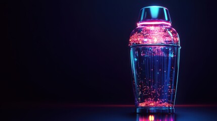 Cyberpunk cocktail shaker neon-lit barware with digital circuitry aesthetic on dark background