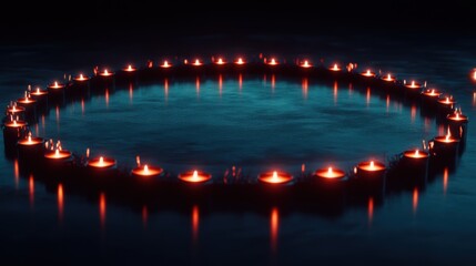 Dark teal surface circled by burning candles