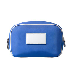 Stylish blue cosmetic bag on solid background lifestyle product photography minimalist design studio environment