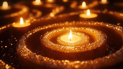 Golden glitter candles in spiral arrangement warm light