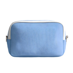 Stylish blue cosmetic bag studio setting product photography minimalist style close-up fashion accessory