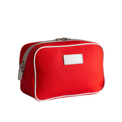 Stylish red cosmetic bag studio setting product photography minimalist background close-up perspective fashion accessory