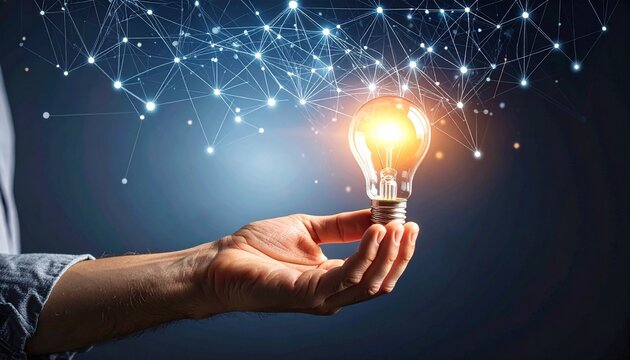 Hand holding glowing light bulb with neural network overlay, symbolizing human-tech innovation.