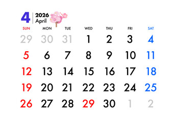 2026年, カレンダー, 4月,桜