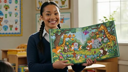 Smiling Teacher Reading a Children's Book with Animals - Powered by Adobe