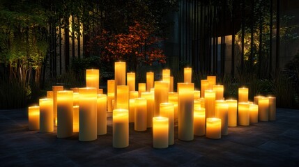Array of illuminated candles in a night garden setting