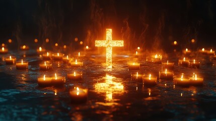 Illuminated cross surrounded by floating candles in dark water