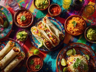 Fototapeta premium Vibrant Mexican Fiesta: Tacos, Burritos, Rice, Guacamole, and Salsa Spread on Colorful Tablecloth
