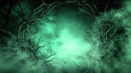 Eerie green mist enveloping twisted branches creating a spooky portal effect