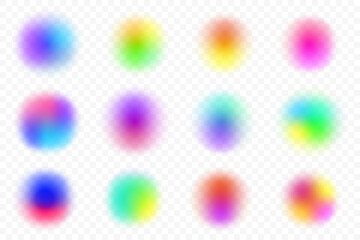 Gradient blurred circle shapes. Colored fluid liquid elements. Soft light vector holographic elements on white background. Round blobs with neon aura for design. Blended iridescent organic bubbles.