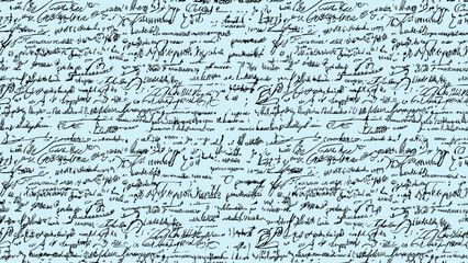 Seamless blue pattern of abstract illegible handwritten text. Vintage grunge calligraphy script, old book document. Vector illustration of monochrome unreadable handwriting cursive poetry