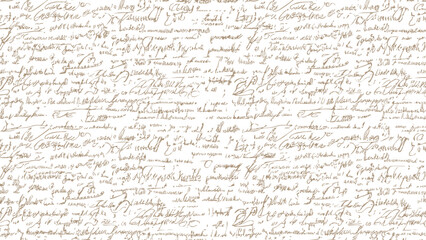 Seamless white pattern of abstract illegible handwritten text. Vintage grunge calligraphy script, old book document. Vector illustration of monochrome unreadable handwriting cursive poetry